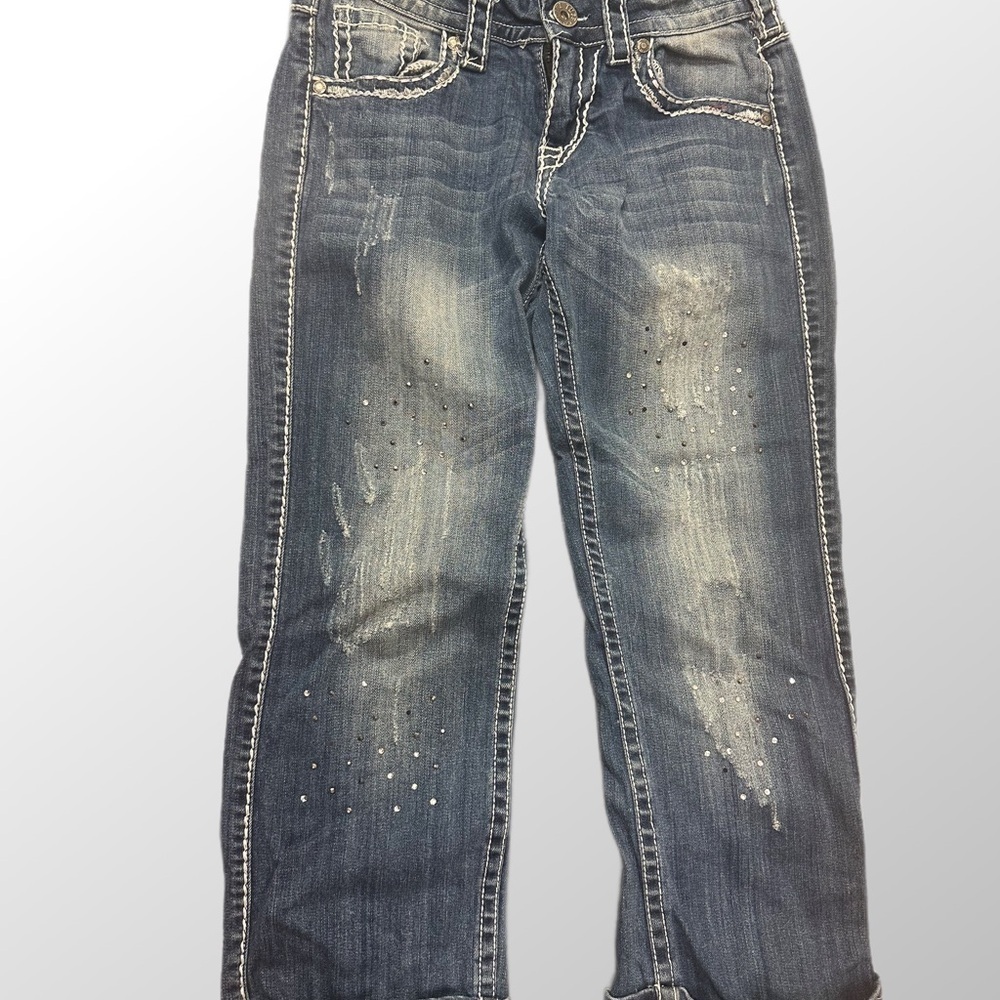 22. Cowgirl Tuff studded cuffed capri jeans w/ embroidered pocket size 26